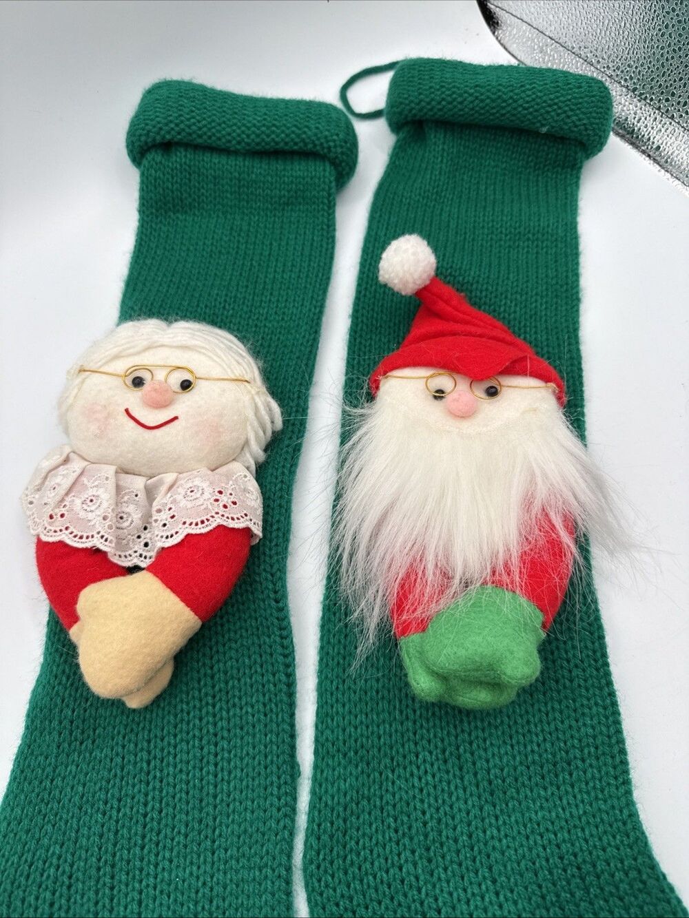 Vtg 22" Knit Christmas Stockings Santa & Mrs. Claus Pair Green Set Mom Dad